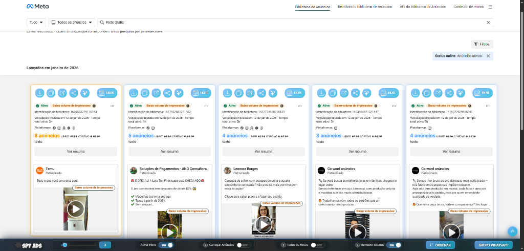 Spy Ads em ação na Biblioteca de Anúncios